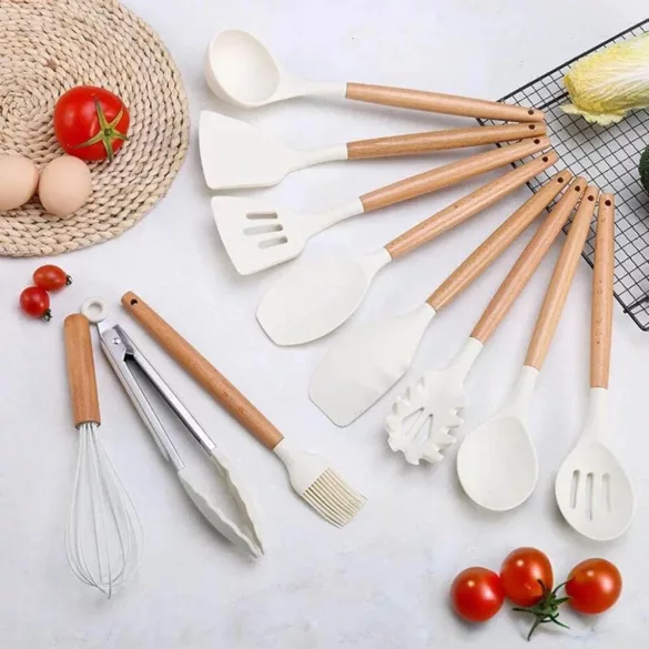 14-piece kitchen utensil set with heat-resistant silicone heads and holder, white
