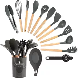   14-piece kitchen utensil set with heat-resistant silicone heads and holder, dark gray