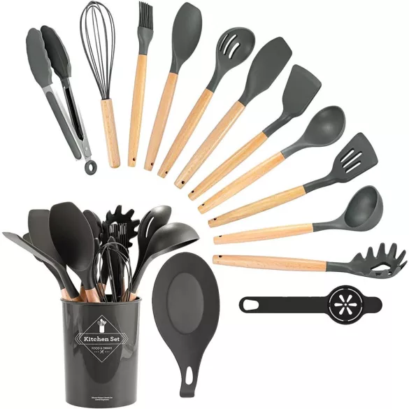 14-piece kitchen utensil set with heat-resistant silicone heads and holder, dark gray