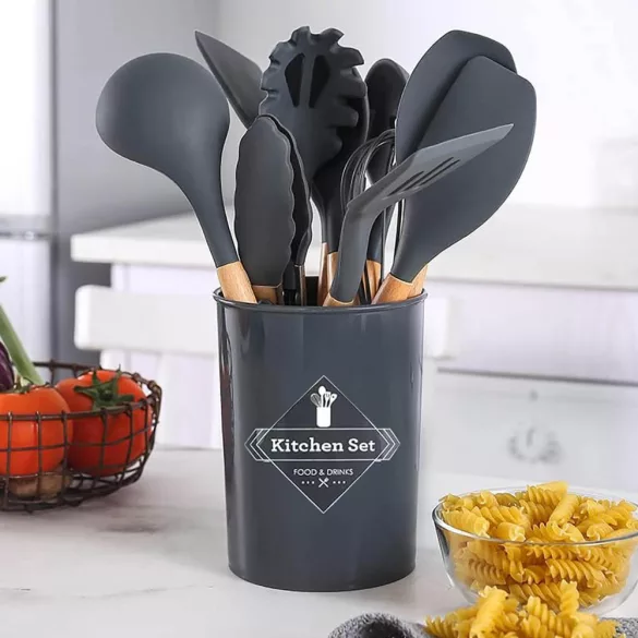 14-piece kitchen utensil set with heat-resistant silicone heads and holder, dark gray