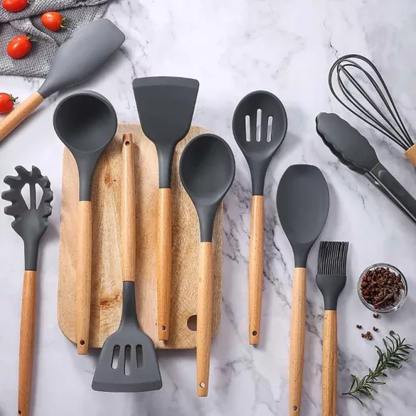 14-piece kitchen utensil set with heat-resistant silicone heads and holder, dark gray