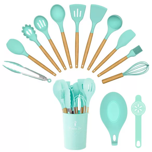 14-piece kitchen utensil set with heat-resistant silicone heads and holder, turquoise