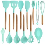 14-piece kitchen utensil set with heat-resistant silicone heads and holder, turquoise