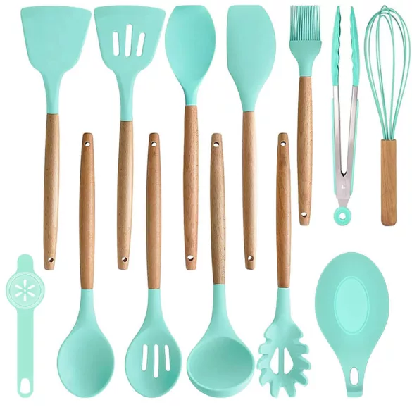 14-piece kitchen utensil set with heat-resistant silicone heads and holder, turquoise