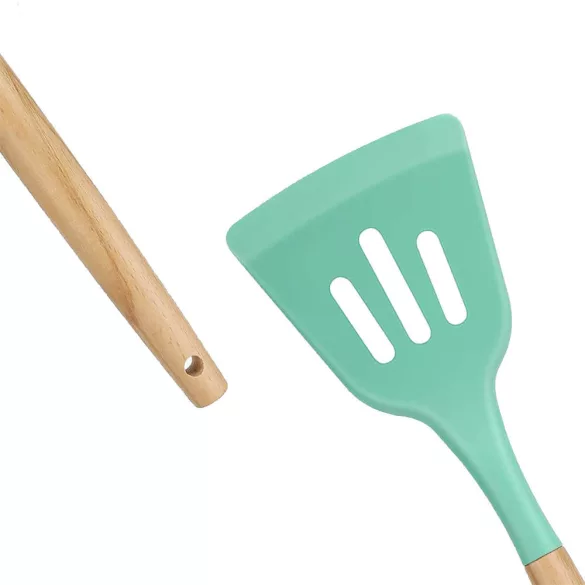 14-piece kitchen utensil set with heat-resistant silicone heads and holder, turquoise