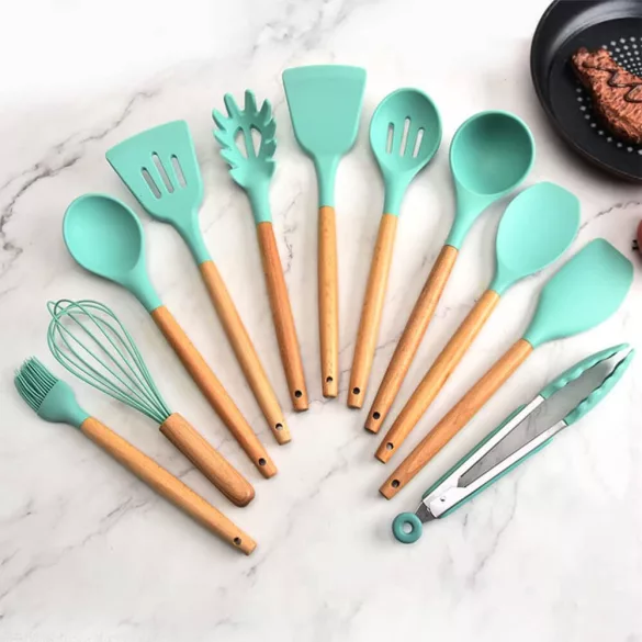 14-piece kitchen utensil set with heat-resistant silicone heads and holder, turquoise