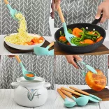 14-piece kitchen utensil set with heat-resistant silicone heads and holder, turquoise