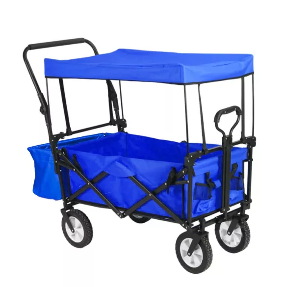 Folding cart with a canopy, pullable and pushable, dark blue