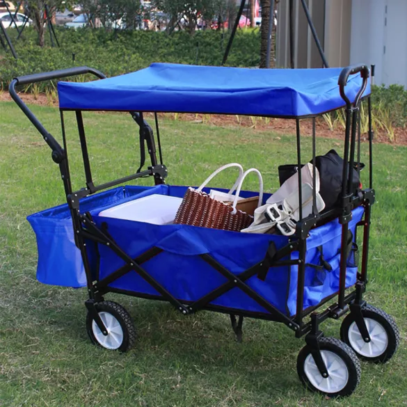 Folding cart with a canopy, pullable and pushable, dark blue
