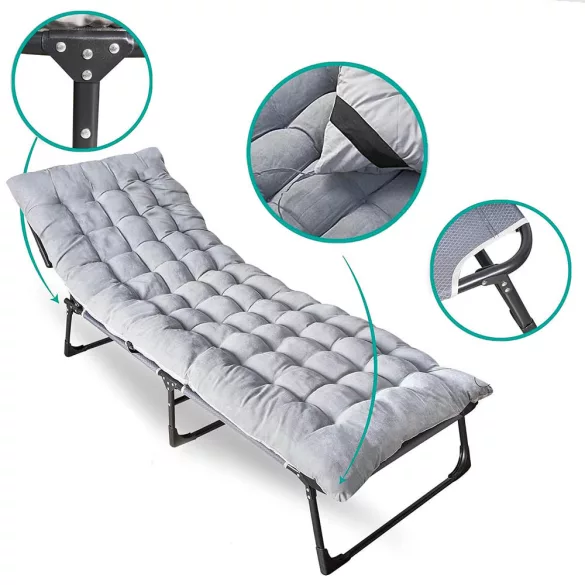 Folding Camping Bed with Adjustable Headrest and Two-Colored Mattress