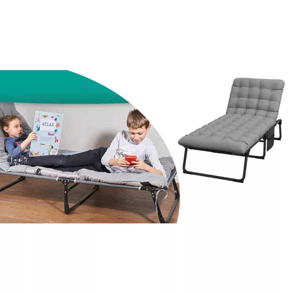 Folding Camping Bed with Adjustable Headrest and Two-Colored Mattress