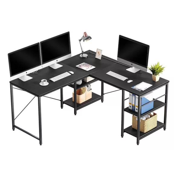 Convertible L-Shaped Desk with Shelves, Black