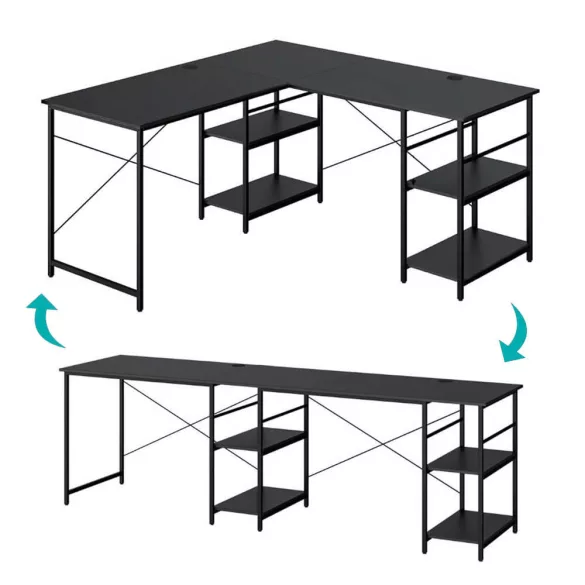 Convertible L-Shaped Desk with Shelves, Black