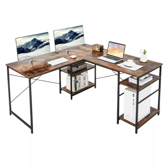 Transformable L-shaped desk with shelves, brown