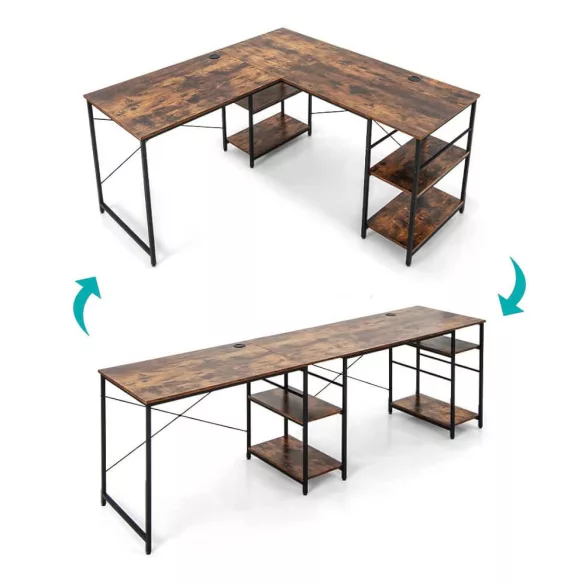 Transformable L-shaped desk with shelves, brown