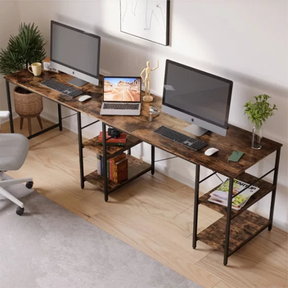 Transformable L-shaped desk with shelves, brown