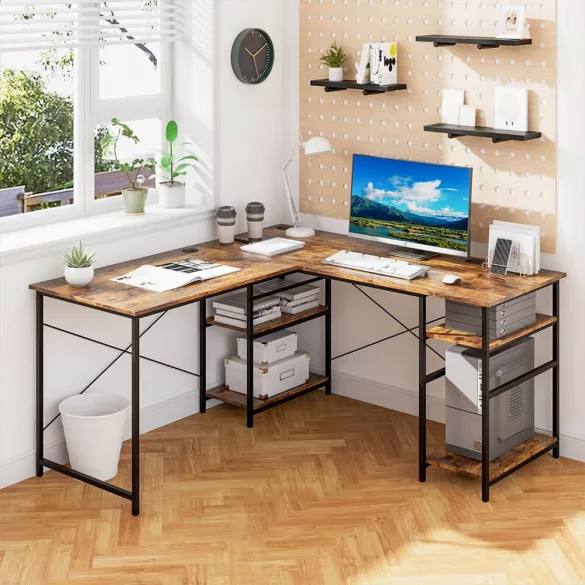 Transformable L-shaped desk with shelves, brown