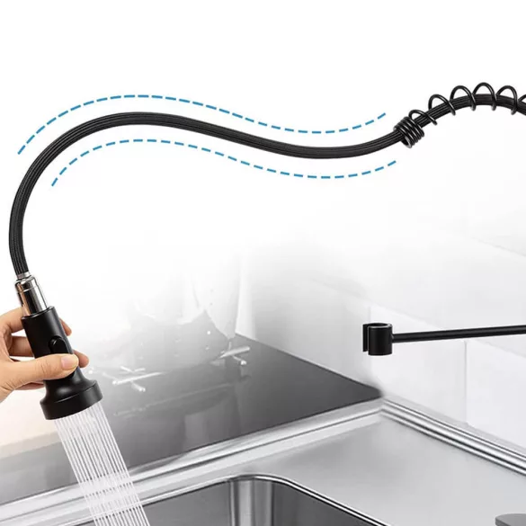 Pull-down kitchen faucet with flexible hose and detachable spray head, black
