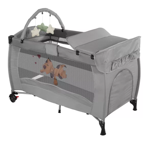 Travel crib with changing pad and play arch, gray