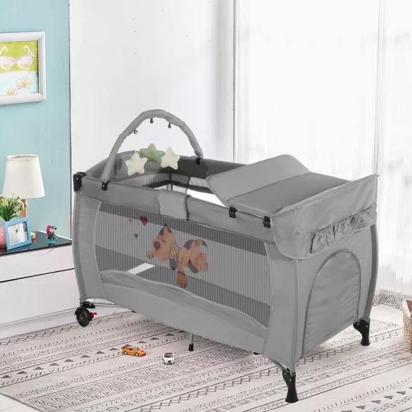 Travel crib with changing pad and play arch, gray