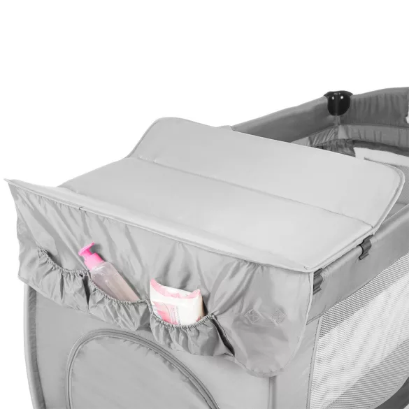 Travel crib with changing pad and play arch, gray