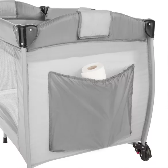 Travel crib with changing pad and play arch, gray