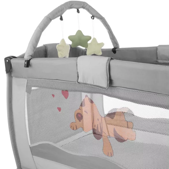 Travel crib with changing pad and play arch, gray