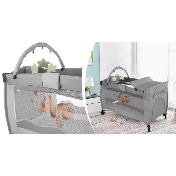 Travel crib with changing pad and play arch, gray