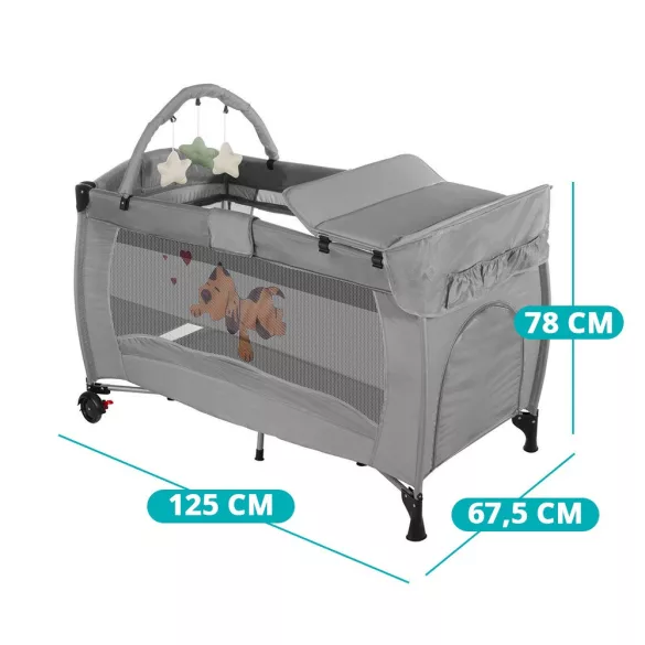 Travel crib with changing pad and play arch, gray