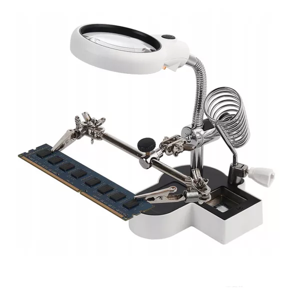 Panel Holder (Third Hand) with LED Magnifier, 2 Clips, and Soldering Iron Holder