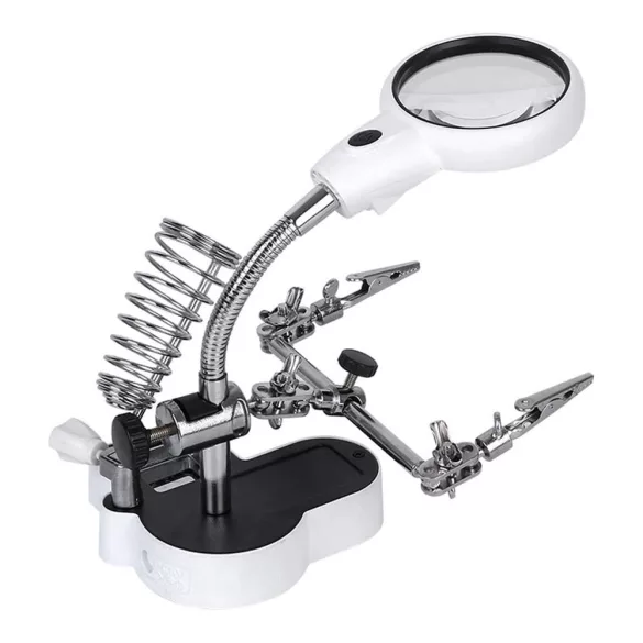 Panel Holder (Third Hand) with LED Magnifier, 2 Clips, and Soldering Iron Holder