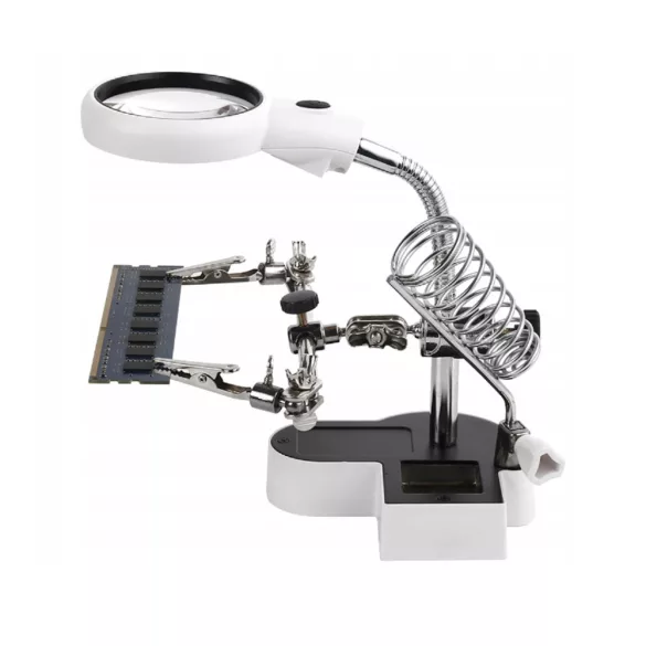 Panel Holder (Third Hand) with LED Magnifier, 2 Clips, and Soldering Iron Holder