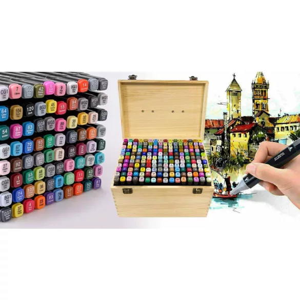 Double-ended Alcohol Marker Set in Wooden Box, 176 pcs
