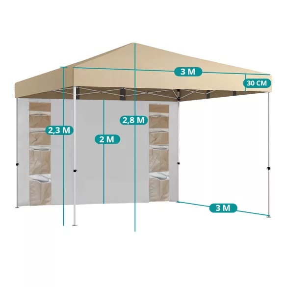 Pavilion with Back Wall and Pockets 3x3x2.8 m, Beige